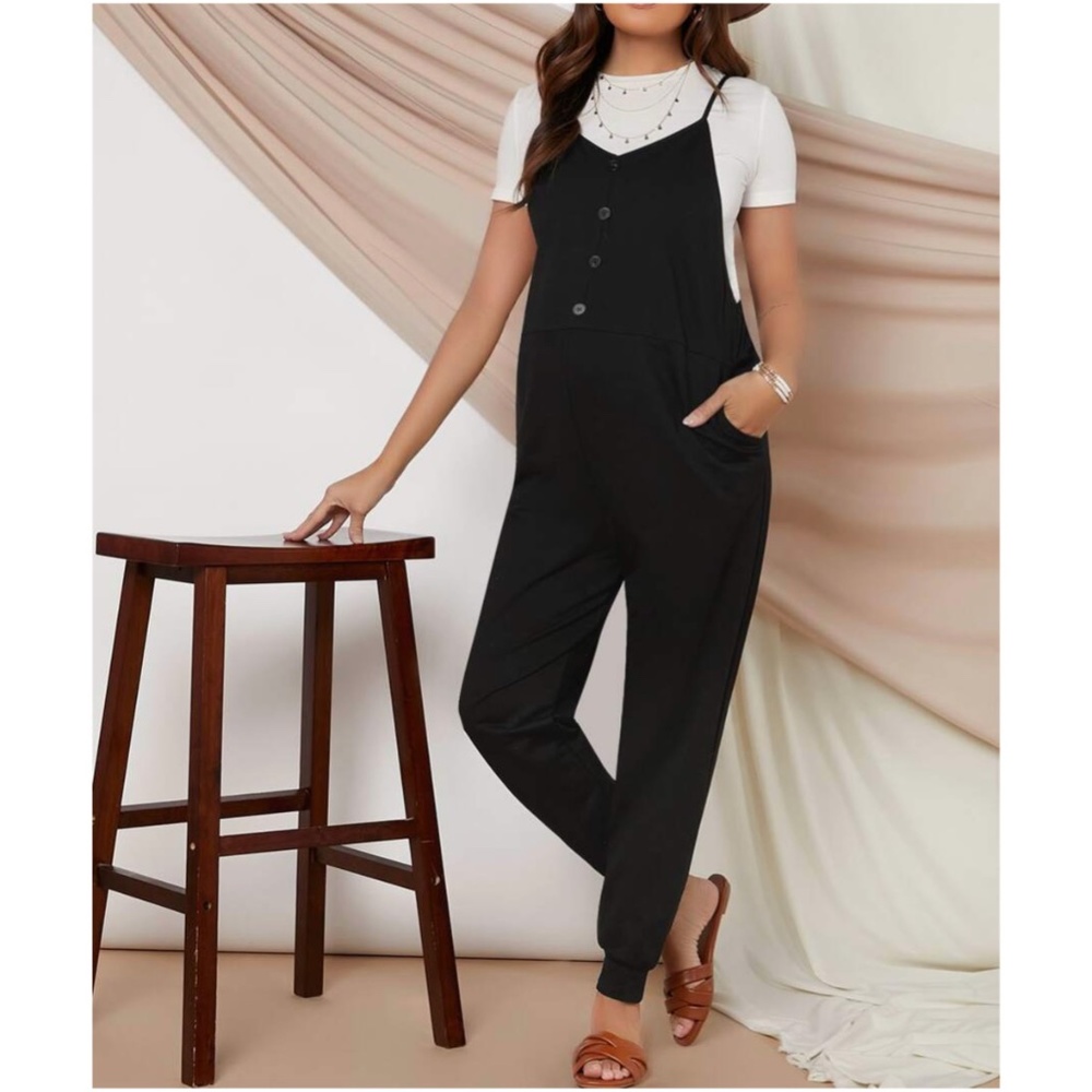 MATERNITY Black button up cami jumpsuit pocket cozy - Picture 1 of 10